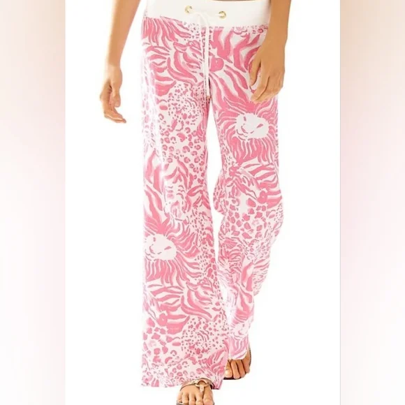 Lilly Pulitzer Beach Pant Get Spotted Wide Leg Linen Animal Print Pink Size XXS - Picture 1 of 9